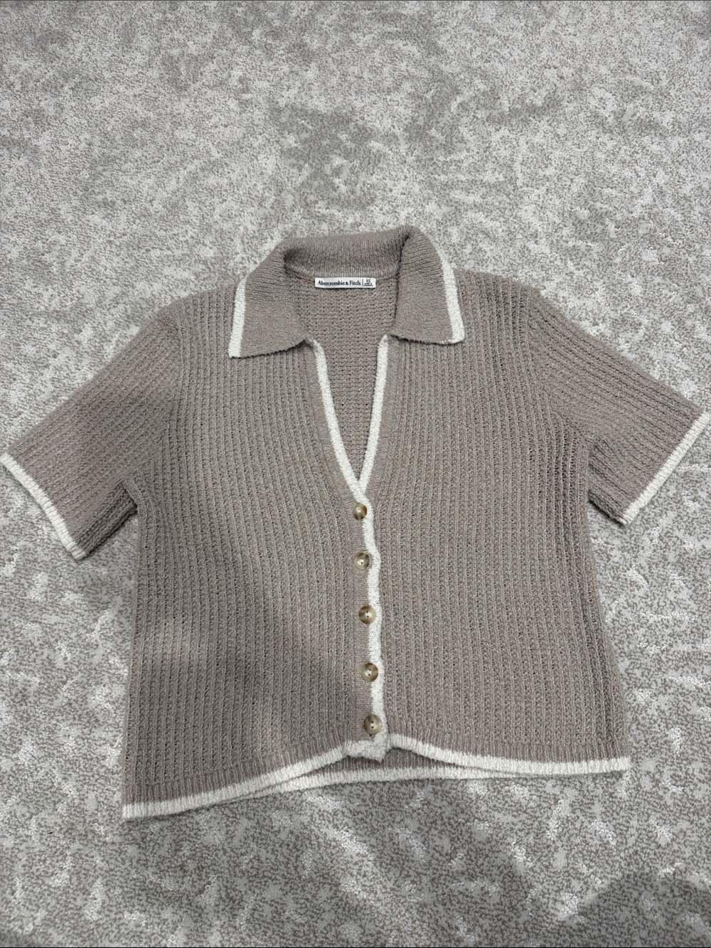 Abercrombie & Fitch Taupe Short-Sleeve Knit Cardigan with Cream Trim